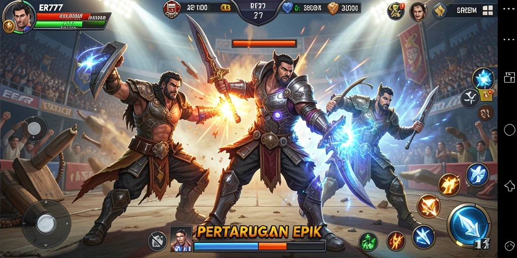 Tampilan gameplay <strong>ER777</strong> yang mendebarkan dengan karakter bertarung di arena.