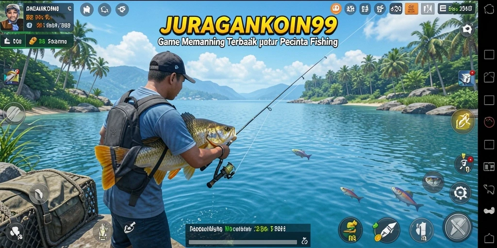 Screenshot gameplay JURAGANKOIN99 menampilkan aksi memancing yang seru.