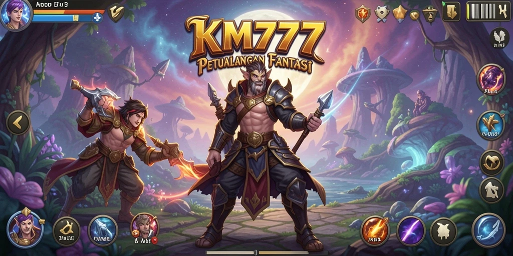 Tangkapan layar gameplay KM777 menampilkan aksi pertempuran yang intens dan dunia fantastis.