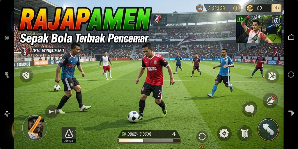 Tampilan gameplay RAJAPAMEN yang seru dan mendebarkan di lapangan sepak bola.