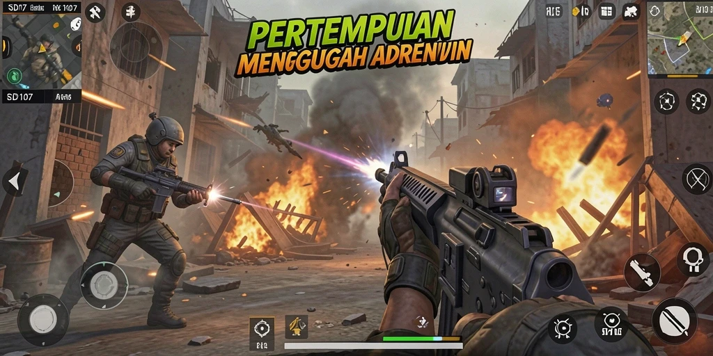 Screenshot SD107 menampilkan aksi pertempuran FPS yang mendebarkan.