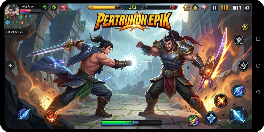 Screenshot utama ZK3 yang menampilkan aksi pertarungan yang intens.